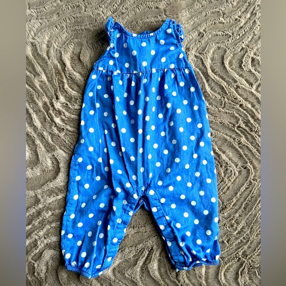 Baby Gap 3-6 month girl blue + white polka dot sleeveless romper EUC adorable